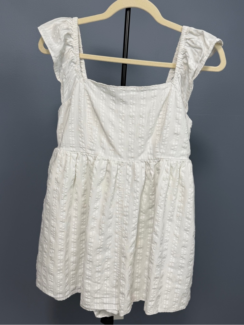 White Textured Square-Neck Romper
